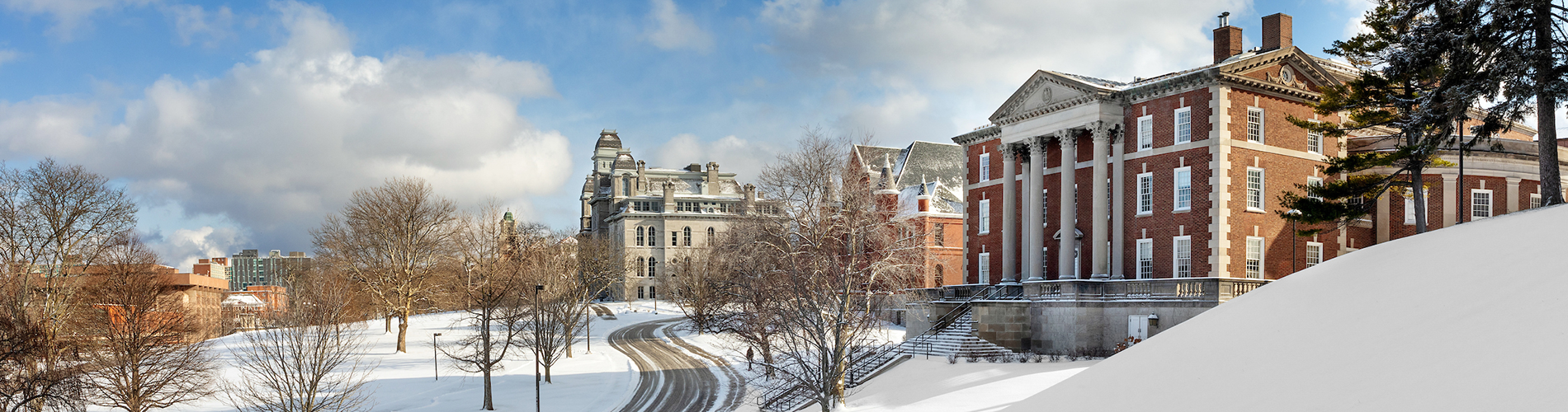 Syracuse Campus in the winter with snow on the ground banner
        				